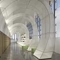 Modern Artistic Office Corridor Interior With Curved Arch Design And Cozy Lounge Seats Beside Windows