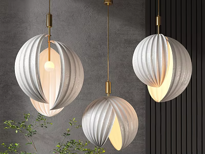 Stylish White And Gold Striped Pendant Lights Hanging In Gray Wall Background With Green Plants 3d model