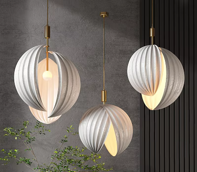 Stylish White And Gold Striped Pendant Lights Hanging In Gray Wall Background With Green Plants 3d model