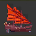 Traditional Sailing Water Vessel With Red Sails And Ornate Hull Design