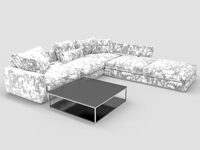 Modern L Shaped Patterned Fabric Sofa With Multiple Cushions And Black Glass Coffee Table Set 3d model
