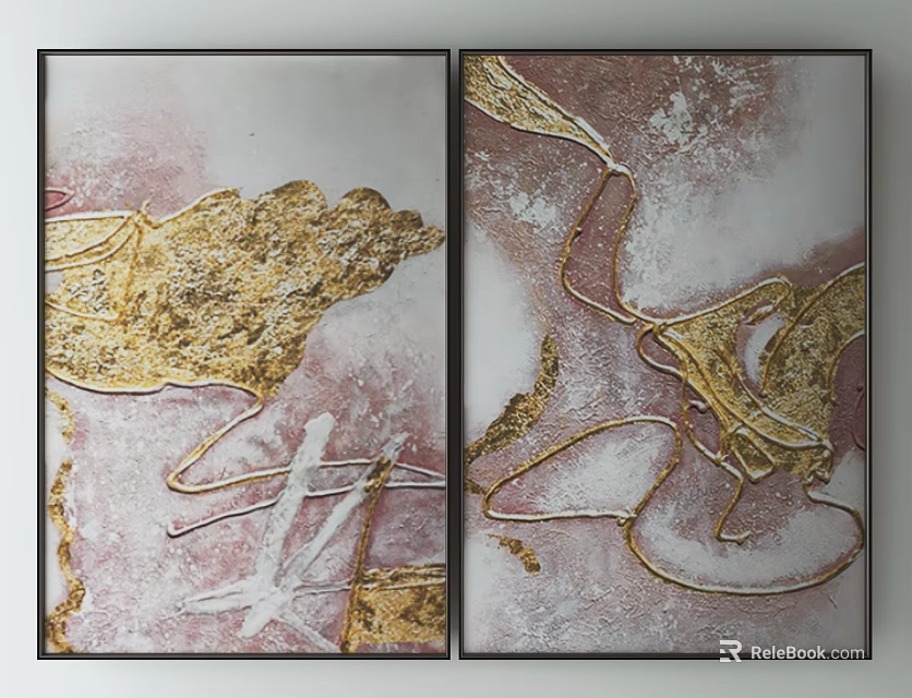Two Panel Abstract Decorative Paintings With Gold Patterns And Pink Background 3d model 
