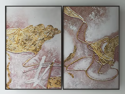 Two Panel Abstract Decorative Paintings With Gold Patterns And Pink Background 3d model