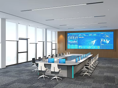 Spacious Modern High Tech Conference Room With Large Data Display And Panoramic Floor Windows 3d model