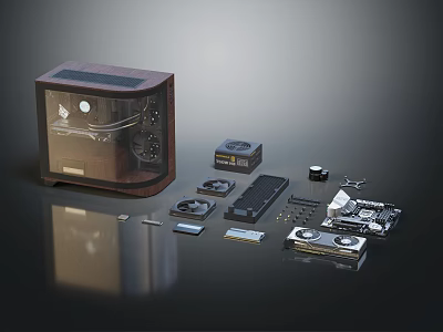 Dark Computer Case With Scattered PC Components Like Fans Motherboard And Graphics Card 3d model