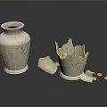 White Ceramic Vases Showing Intact Body And Broken Structure With Yellow Pellets And Fragments