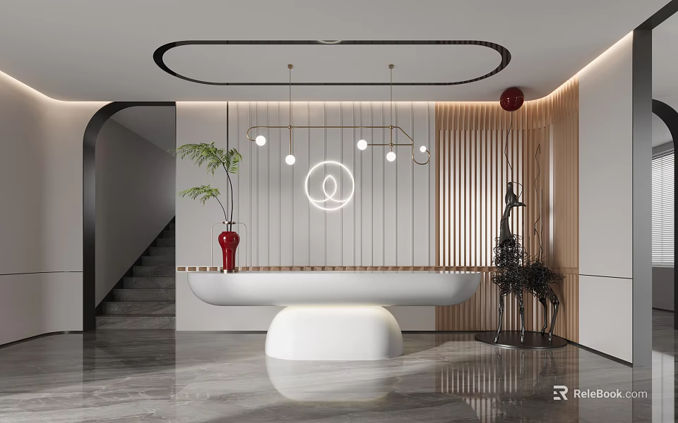 Modern Front Desk Reception With White Counter Pendant Lights And Green Plants 3d model 