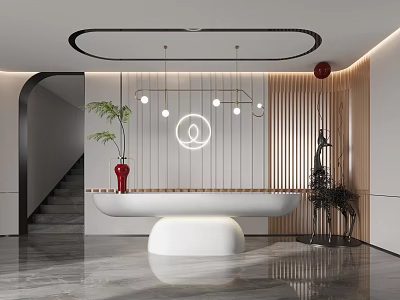 Modern Front Desk Reception With White Counter Pendant Lights And Green Plants 3d model