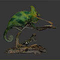 Green Chameleon Figure On Branch With Extended Tongue And Natural Textured Base