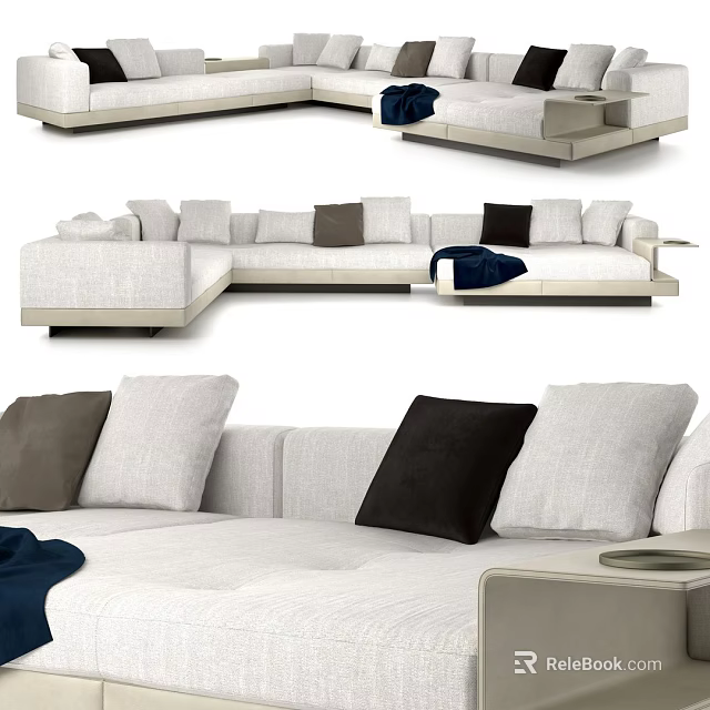 Light Colored Modern Sectional Sofa with Brown Black and Beige Pillows and Side Tray Table 3d model 