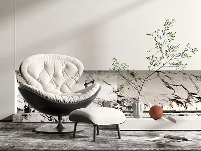 Modern Tufted Single Seater Sofa with Ottoman Green Plant and Marble Backdrop 3d model