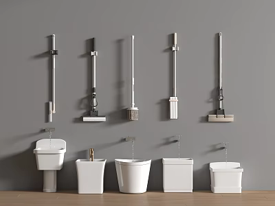 Wall Mounted Cleaning Tools And White Sanitary Wares Display On Gray Wall 3d model