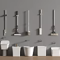 Wall Mounted Cleaning Tools And White Sanitary Wares Display On Gray Wall
