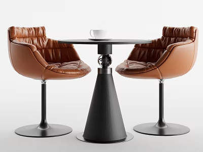 Elegant Table And Chair Set With Brown Leather Chairs Black Round Table White Cup 3d model