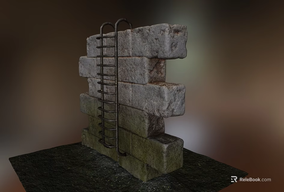 Building Exterior Wall Constructed with Stacked Rough Stone Blocks and Metal Ladder Leaning 3d model 