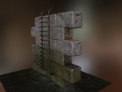 Building Exterior Wall Constructed with Stacked Rough Stone Blocks and Metal Ladder Leaning 3d model