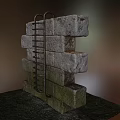 Building Exterior Wall Constructed with Stacked Rough Stone Blocks and Metal Ladder Leaning