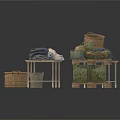 Household Items Storage Display With Folded Clothes Wicker Baskets And Wooden Crates On Tables