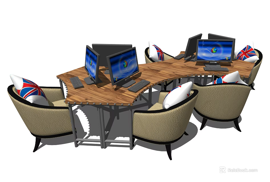 Curved Wooden Office Desk with Multiple Computer Monitors and Chairs With Union Jack Cushions 3d model 