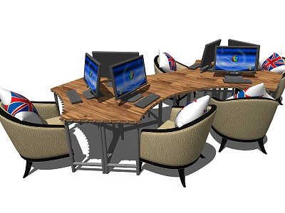 Curved Wooden Office Desk with Multiple Computer Monitors and Chairs With Union Jack Cushions 3d model