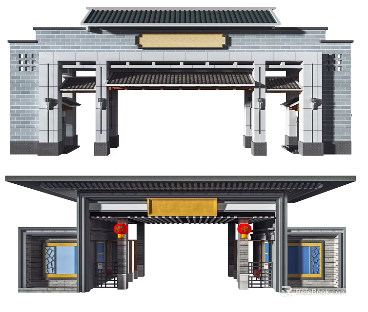 Traditional Chinese Style Gate with Stone Brick Structure Plaque and Red Lanterns 3d model 