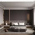 Modern Bedroom Interior Design With Dark Wall Bed Nightstand Rug And Window Curtains