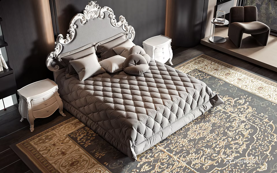 Luxurious Double Bed With Ornate Headboard Gray Quilted Bedspread And Bedside Tables On Decorative Rug 3d model 