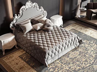 Luxurious Double Bed With Ornate Headboard Gray Quilted Bedspread And Bedside Tables On Decorative Rug 3d model