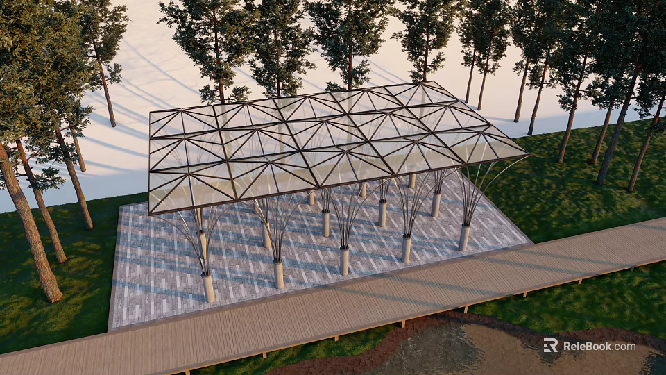 Modern Metal Frame Pergola With Transparent Top Supporting Columns And Surrounding Trees 3d model 