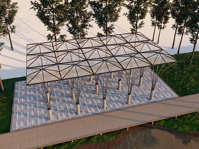 Modern Metal Frame Pergola With Transparent Top Supporting Columns And Surrounding Trees 3d model
