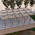 Modern Metal Frame Pergola With Transparent Top Supporting Columns And Surrounding Trees