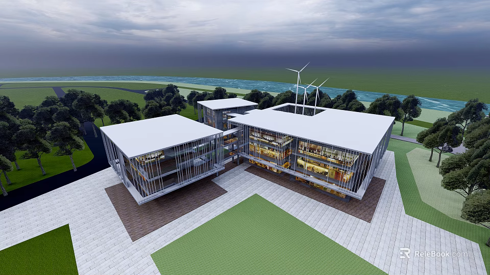 Modern Hotel Building Featuring Glass Facade Flat Roof And Green Surroundings With Wind Turbines 3d model 