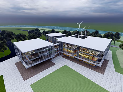 Modern Hotel Building Featuring Glass Facade Flat Roof And Green Surroundings With Wind Turbines 3d model