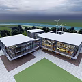 Modern Hotel Building Featuring Glass Facade Flat Roof And Green Surroundings With Wind Turbines
