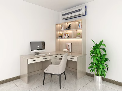 Modern White Desk Setup With Computer Bookshelf Chair And Green Plant 3d model