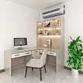 Modern White Desk Setup With Computer Bookshelf Chair And Green Plant