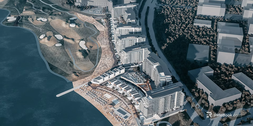 Scenic Waterfront Aerial Planning With Modern Buildings Greenery And Urban Design 3d model 