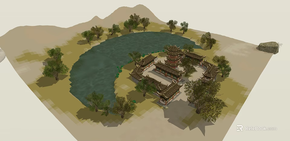 Traditional Chinese Garden Landscape with Lake Surrounding Trees and Ancient Buildings 3d model 