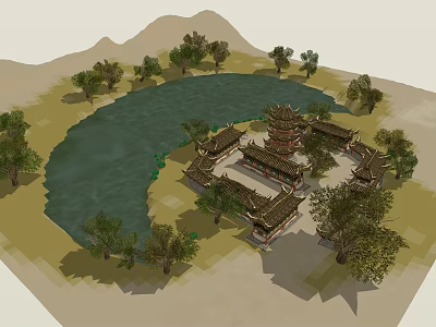 Traditional Chinese Garden Landscape with Lake Surrounding Trees and Ancient Buildings 3d model