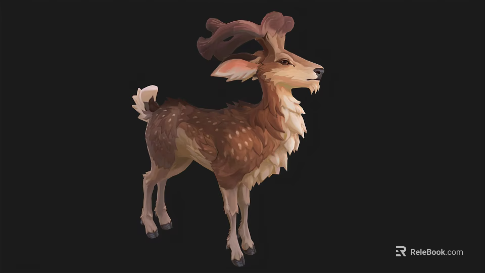 Stylized Brown Deer Model With Curly Antlers White Spots And Fluffy Mane 3d model 