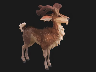 Stylized Brown Deer Model With Curly Antlers White Spots And Fluffy Mane 3d model