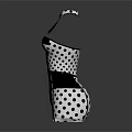 Stylish Black And White Polka Dot Dress With Suspenders Tie Detail And Black Accents
