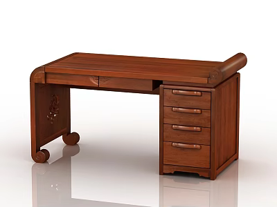 Solid Wooden Chinese Style Desk With Intricate Carvings Drawers And Wheels 3d model