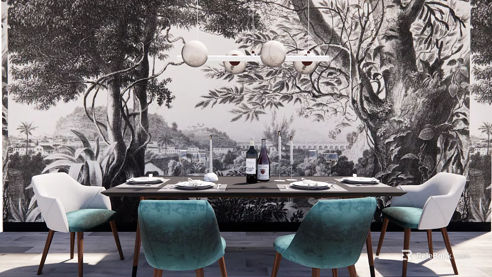 Dining Table Set With Teal Chairs Mural Wall And Pendant Lights 3d model 