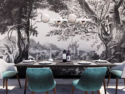Dining Table Set With Teal Chairs Mural Wall And Pendant Lights 3d model