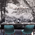 Dining Table Set With Teal Chairs Mural Wall And Pendant Lights