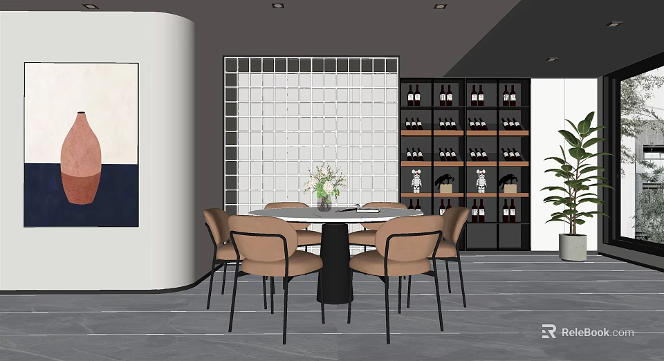 Elegant Restaurant With Round Dining Table Brown Chairs White Grid Wall And Black Wine Cabinet 3d model
