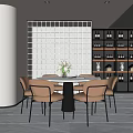 Elegant Restaurant With Round Dining Table Brown Chairs White Grid Wall And Black Wine Cabinet 3d model
