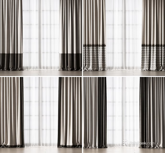 Stylish Gray And Black Curtain Designs With Striped Patterns And Sheer Layers 3d model 