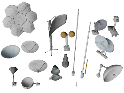 Various Shapes And Sizes Industrial Equipment Including Satellite Dishes Signal Receivers And Metal Poles 3d model